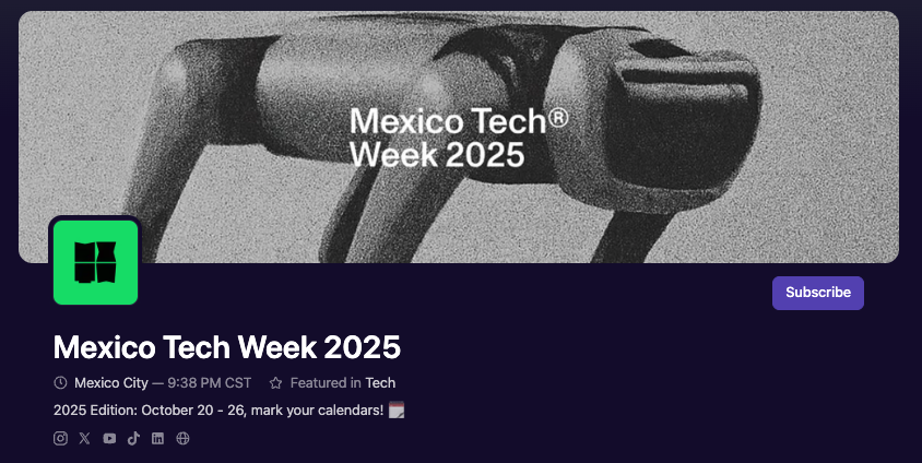 Calendario Oficial en Luma de México Tech Week 2025.